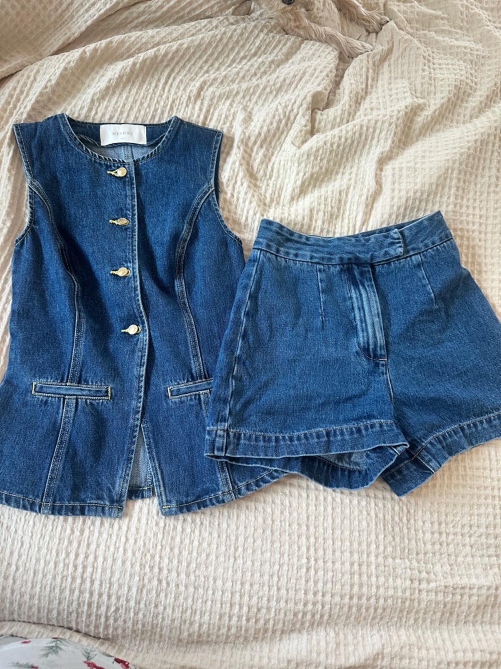 Meshki Blue Denim Vest and High-Waist Shorts Set